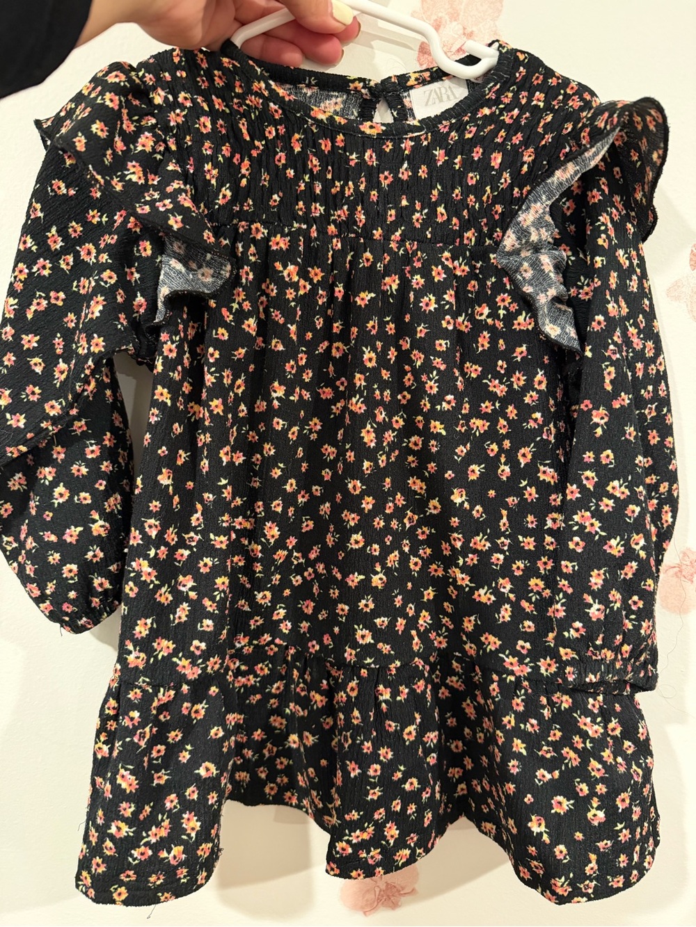 Zara Black Floral Ruffle-Sleeve Long Sleeve Top